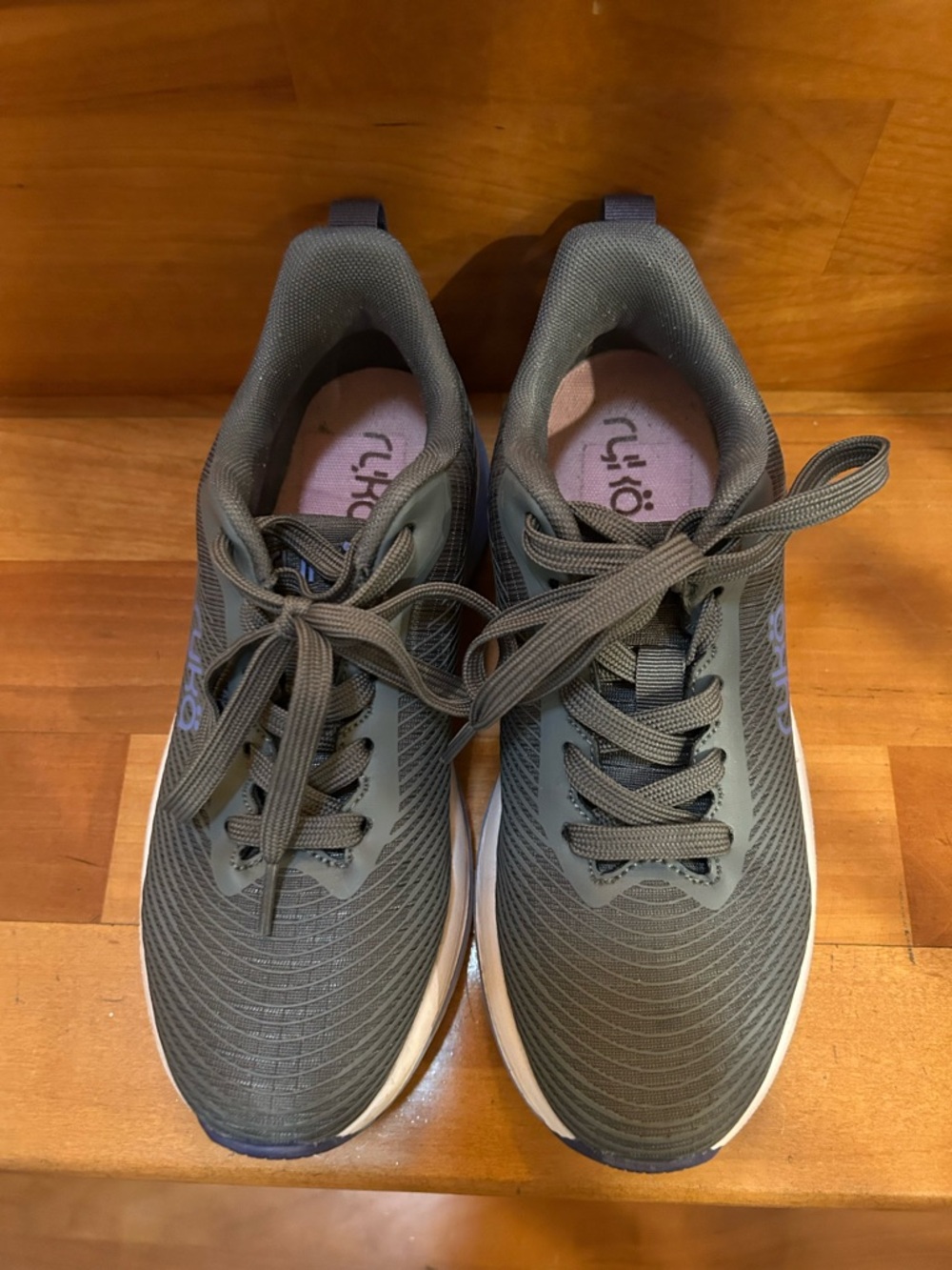 Ryka Women's Gray Athletic Sneakers with Light Purple Insole, blue/white sides